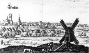 Prettin. Stadtansicht mit Bockmühle, Kupferstich, 1650, Ausschnitt