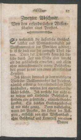 Zweyter Abschnitt. Von den erforderlichen Wissenschaften eines Priesters