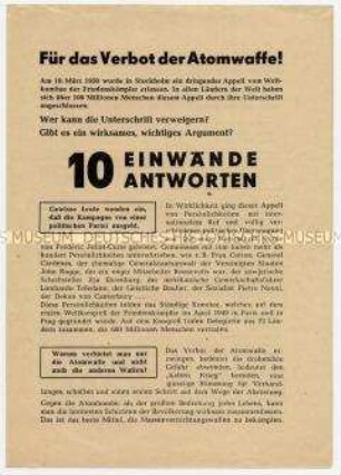 Agitationsschrift für Unterschrift unter den Appell des Weltfriedensrates in Stockholm für Verbot der Atomwaffenwaffen