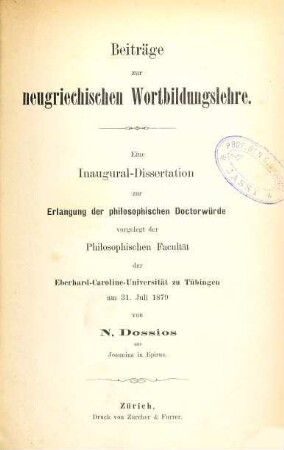 Beiträge zur neugriechischen Wortbildungslehre