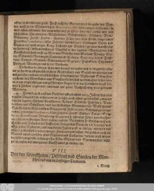 VIII. Von den Kranckheiten/ Pestilentz und Sterben der Menschen und unvernünfftigen Creaturen.