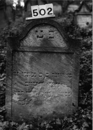 Grabstein 502 (Index: 99803834) Material: Sandstein Zustand: völlig verwittert Maße HxBxT: 84x57x9 cm Beschreibung: Stele mit Karniesbogen, profiliertem Rand, Giebelfeld: Grabstein 502
