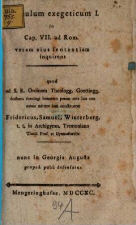 Periculum exegeticum I. in Cap. VII. ad Rom.