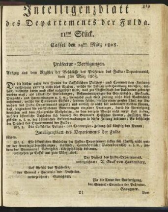 11tes Stück. Cassel den 14ten März 1808