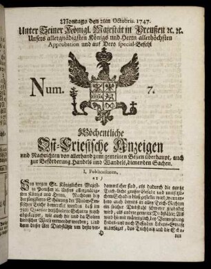Num. 7. Montags den 2ten Octobris 1747.