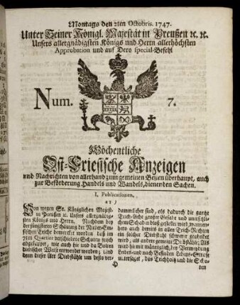 Num. 7. Montags den 2ten Octobris 1747.