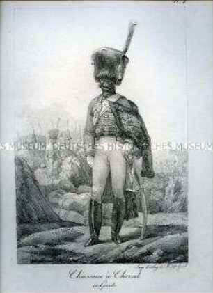 Uniformdarstellung, Gemeiner des Jäger-Regiments zu Pferde, Frankreich, 1809. Tafel Nr. 8 aus: Recueil de Costumes de l'Ex-Garde.