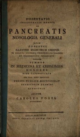 Dissertatio Inauguralis Medica De Pancreatis Nosologia Generali
