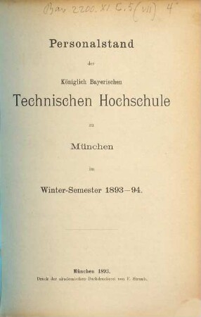 Personalstand. 1893/94
