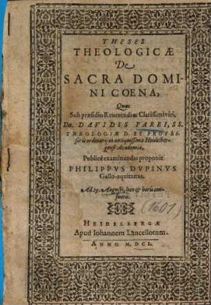 Theses Theologicae De Sacra Domini Coena