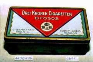 Blechdose für 100 Stück "DREI KRONEN CIGARETTEN EIFOSOS, CIGARETTENFABRIK JOSEPH DOMS RATIBOR"