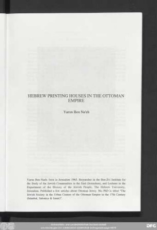 Hebrew Printing Houses In The Ottoman Empire Yaron Ben Na'eh