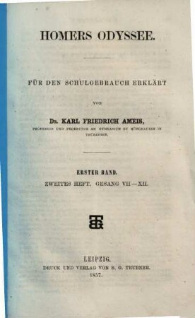 Homers Odyssee : Für den Schulgebrauch, 1,2. Gesang VII - XII