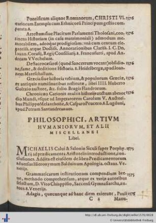 Philosophici, Artivm Hvmaniorvm, Et Alii Miscellanei Libri.