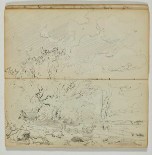 Waldstudie mit Fuhrwerk und Figuren