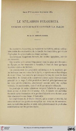 3.Ser. 5.1894: Le Mylabris Fulgurita comme spécifique contre la rage