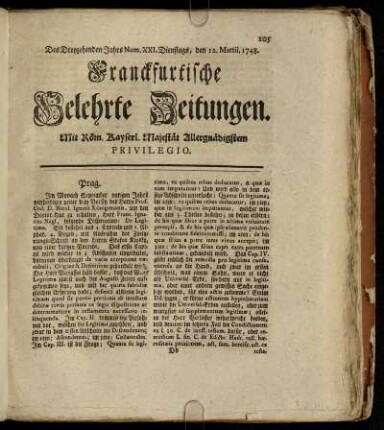 Num. XXI. Dienstags, den 12. Martii. 1748 - Num. XXX. Freytags, den 12. April. 1748