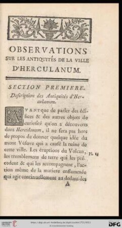 Section première: Description des Antiquités d'Herculanum