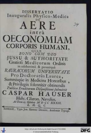 Dissertatio Inauguralis Physico-Medica De Aere intrà Oeconomiam Corporis Humani