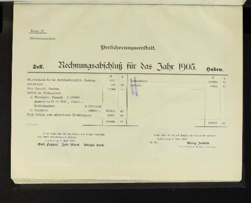 Versicherungsanstalt. Rechnungsabschluß für das Jahr 1905.