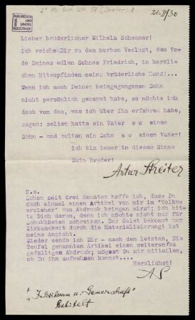 Brief von Artur Streiter an Wilhelm Schwaner