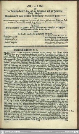 An die Römisch-Kayserl. wie auch in Germanien und zu Jerusalem Königl. Majestät