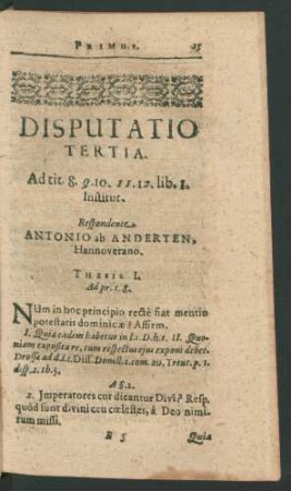 Disputatio Tertia. Respondente Antonio ab Anderten