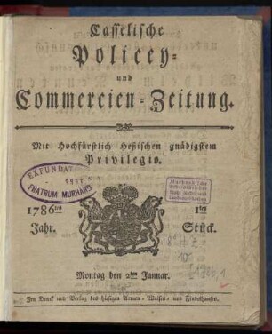 1tes Stueck, Montag den 2ten Januar. 1786