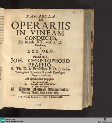 Parabola De Operariis In Vineam Conductis, Ex Matth. XX. vers. 1--16. Enucleata
