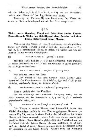§ 16. Winkel zweier Geraden, Winkel und Schnittlinie zweier Ebenen, Ebenenbüschel, Winkel und Schnittpunkt einer Geraden und einer Ebene, Schnittpunkt dreier Ebenen.