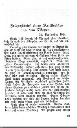 Feldpostbrief eines Artilleristen aus dem Westen