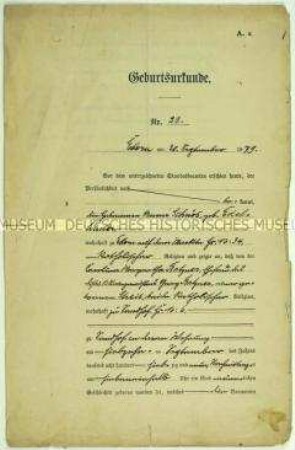 Nachträglich ausgestellte Geburtsurkunde des Martin August Batzner