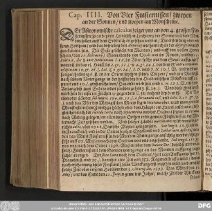 Cap. IIII. Von Vier Finsternissen / zweyen an der Sonnen / und zweyen am Monscheine.