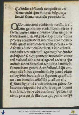 Modus confitendi compositus per Reverendum episcopum Andream hispanum: sancte Romane ecclesie penitentiarum.