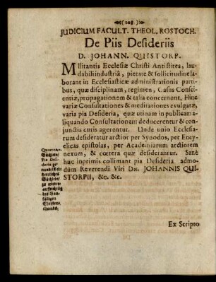 Judicium Facult. Theol. Rostoch. De Piis Desideriis D. Johann. Quistorp.