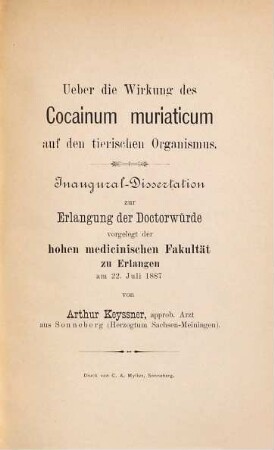 Ueber die Wirkung des Cocainum muriaticum auf den tierischen Organismus