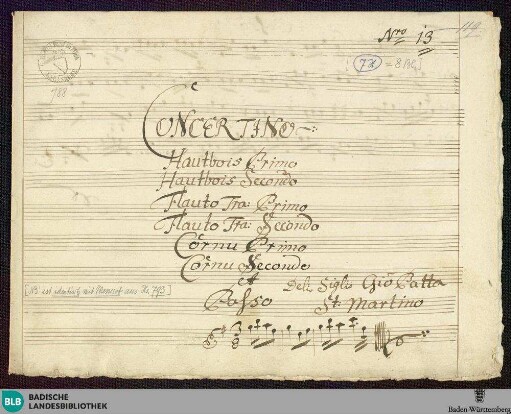 Concertino. Excerpts - Mus. Hs. 788 : fl (2), ob (2), cor (2), b; G; GroF 812 JenS 84