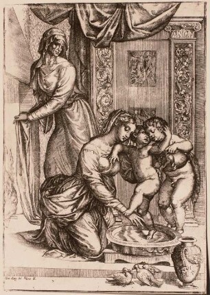 Anna und Maria sowie der kleine Johannisknabe, das Christkind badend
