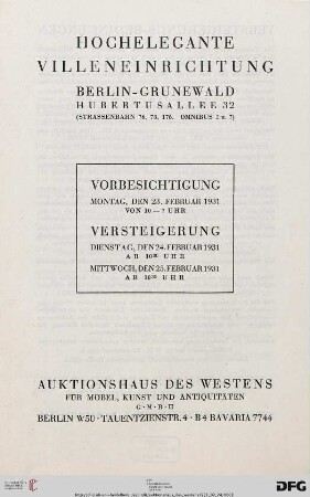 Hochelegante Villeneinrichtung, Berlin-Grunewald, Hubertusallee 32 : [24./25. Februar 1931]