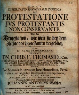Diss. inaug. iur. de protestatione ius protestantis non conservante