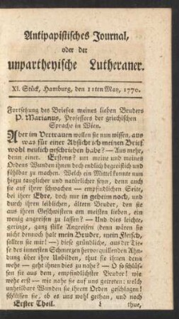 XI. Stück, Hamburg, den 11ten May, 1770