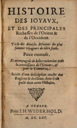 Histoire des Joyaux et des principales Richesses de l'orient et de l'occident