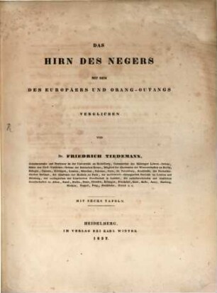 Das Gehirn des Negers mit dem des Europäers und Orang-Outangs verglichen : Mit 6 Tafeln