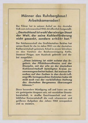 "Männer des Ruhrbergbaus! Arbeitskameraden!"