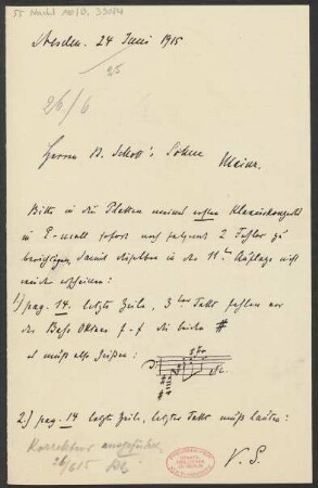 Brief an B. Schott's Söhne : 24.06.1915