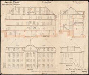 Psychiatrische und Nervenklinik der Philipps-Universität Marburg: Unterrichtsgebäude in Aufriss Nordansicht, Westansicht, Längsschnitt, Querschnitt 1:100
