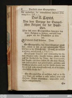 Das II. Capitel. Von dem Vorzuge der Evangelischen Religion für der Päpstischen.