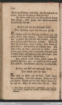 Hundert und fünf und zwanzigste Fabel. Das Pferd und der Esel