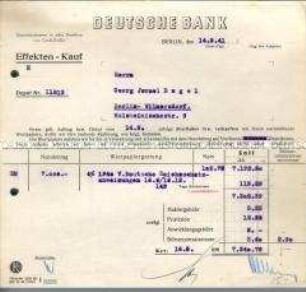 Quittung der Deutschen Bank über den Verkauf von Wertpapieren (7.340,79 RM) an einen Juden und deren Deponierung in der Bank