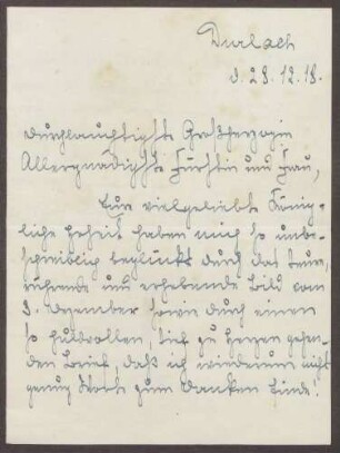 Schreiben von Emilie Göler an die Großherzogin Luise; Hoffnungen auf ein gutes neues Jahr und das Gottvertrauen der Menschen; Aufsatz von Karl Hesselbacher über die Großherzogin